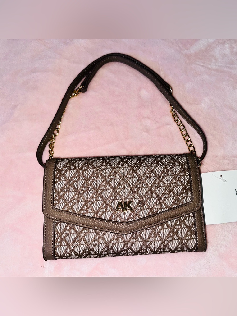 Anne Klein Brown Monogram Crossbody with Gold Hardware